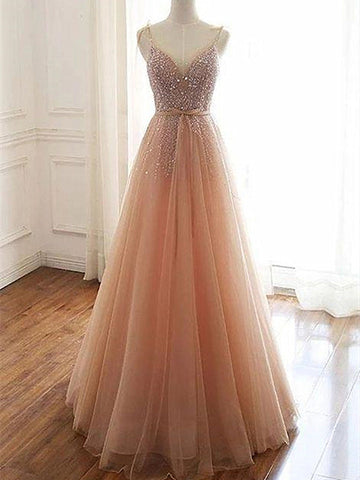 V Neck Champagne Tulle Prom Dress REALS107