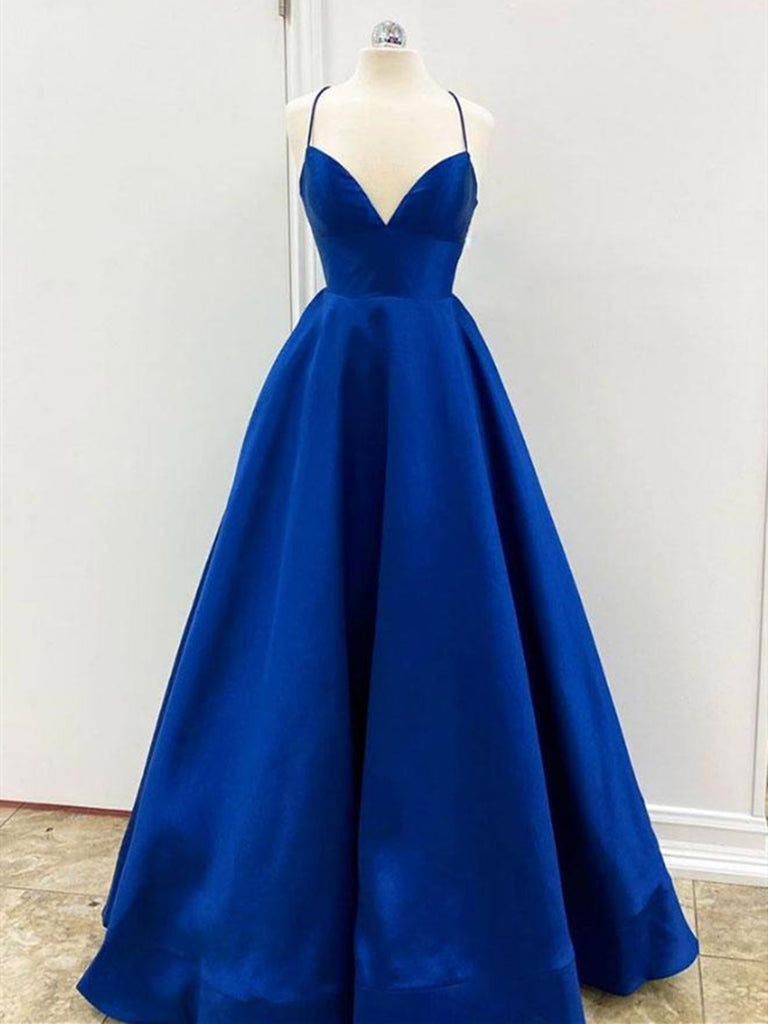 A Line Straps V Neck Royal Blue Satin Prom Dress REALS115