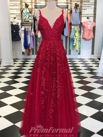 V Neck Burgundy Lace Prom Dress REALS135