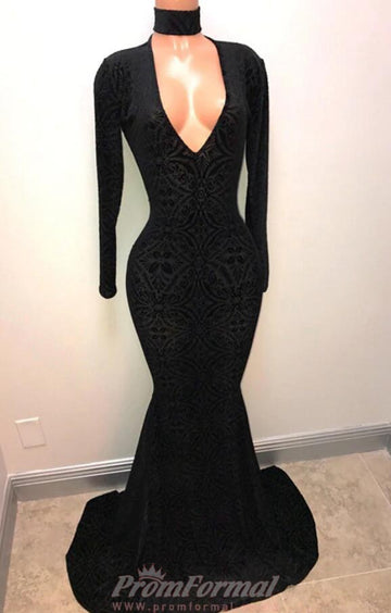 Black Lace Sexy V neck Mermaid Long Sleeve Evening Gowns REALS141