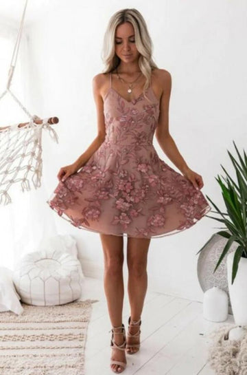 Straps Pink Mini Prom Dress SHORT004