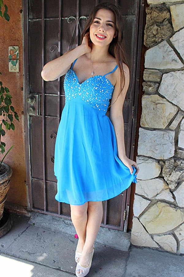 Blue Straps Teen Short Prom Dress SHORT014