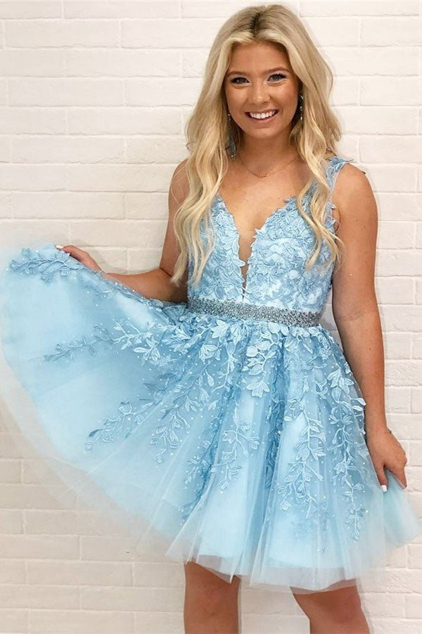 V Neck Lace Teenager Short Prom Dress SHORT026