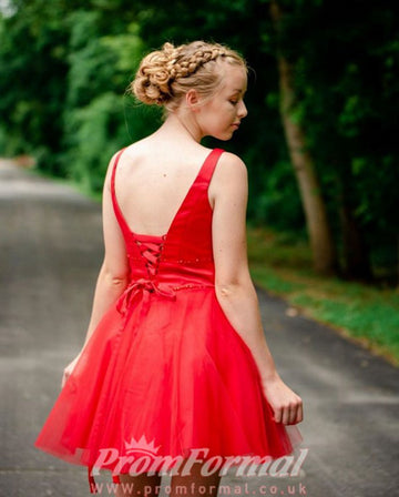 Red Juniors V Neck Short Prom Dress SHORT037