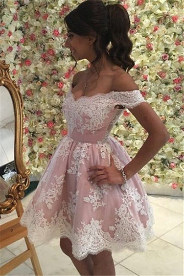 Pink Off The Shoulder Lace Junior Short Prom Dress SHORT044