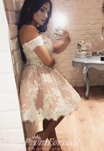 Pink Off The Shoulder Lace Junior Short Prom Dress SHORT044