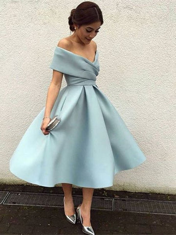 Light Blue Off The Shoulder Tea Length Prom Dress SHORT060