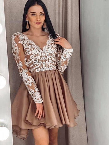 Long Sleeves V Neck Brown Lace Junior Short Prom Dress SHORT070