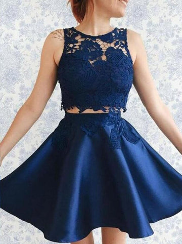 Dark Blue Two Pieces Lace Short Prom Dress SHORT091