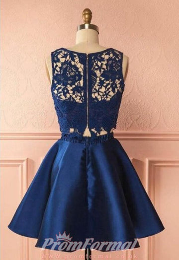 Dark Blue Two Pieces Lace Short Prom Dress SHORT091