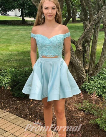 Off the Shoulder Short 2 Piece Lace Junior Prom Dress SHORT094