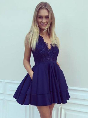 V Neck Short Blue Teenager Lace Prom Dress SHORT123