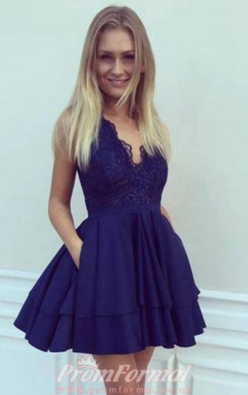 V Neck Short Blue Teenager Lace Prom Dress SHORT123