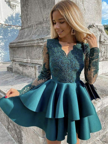 Ink Blue V Neck Short Teens Lace Prom Dress SHORT133