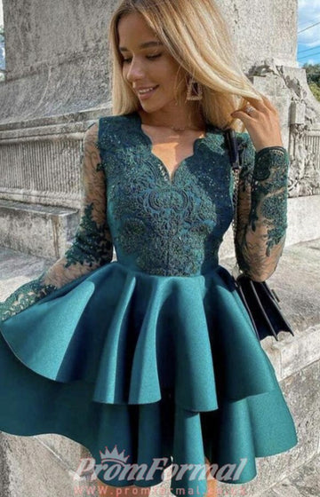 Ink Blue V Neck Short Teens Lace Prom Dress SHORT133