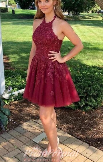 Halter Short Burgundy Lace Junior Prom Dress SHORT146