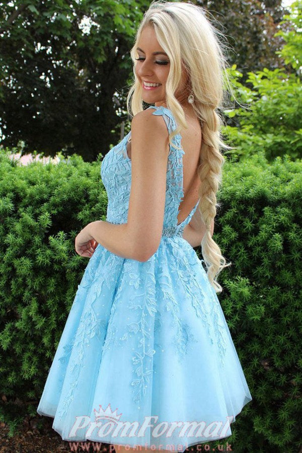 Long Sleeve Short Blue Lace Prom Dress SHORT184