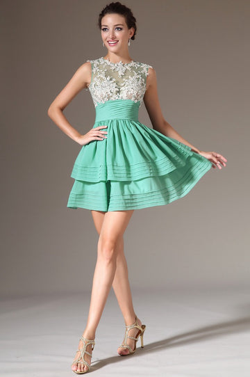 Light Green Chiffon And Lace A-line Jewel Short/Mini Bridesmaid Formal Dress(BDJT1342)