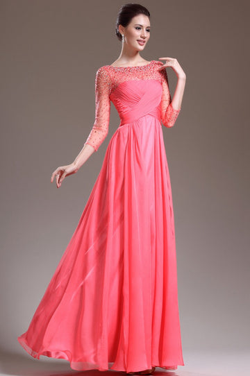 Watermelon Chiffon And Tulle A-line 3/4 Length Sleeve Mother Bridesmaid Formal Dress(BDJT1361)