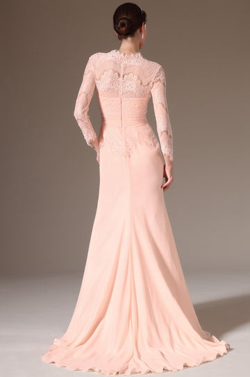 Pearl Pink Chiffon And Lace A-line Scalloped Long Sleeve Mother Bridesmaid Formal Dress(BDJT1371)