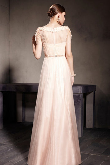 Pearl Pink Tulle A-line Short Sleeve Mother Bridesmaid Formal Dress(BDJT1372)