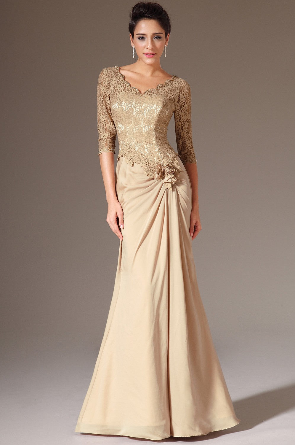 Gold Chiffon And Lace Trumpet/Mermaid V-neck Half Sleeve Mother Bridesmaid Formal Dress(BDJT1379)