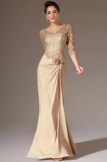 Gold Chiffon And Lace Trumpet/Mermaid V-neck Half Sleeve Mother Bridesmaid Formal Dress(BDJT1379)