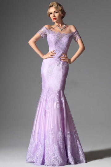 Lilac Lace And Organza Trumpet/Mermaid Off The Shoulder Short Sleeve Bridesmaid Formal Dress(BDJT1384)