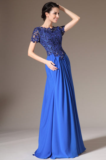 Royal Blue Chiffon And Lace A-line Jewel Short Sleeve Bridesmaid Formal Dress(BDJT1391)