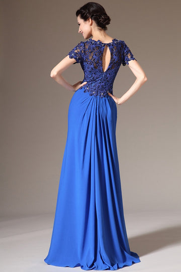 Royal Blue Chiffon And Lace A-line Jewel Short Sleeve Bridesmaid Formal Dress(BDJT1391)