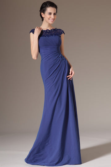 Dark Blue Chiffon And Lace Trumpet/Mermaid Mother Short Sleeve Bridesmaid Formal Dress(BDJT1395)