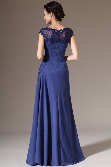 Dark Blue Chiffon And Lace Trumpet/Mermaid Mother Short Sleeve Bridesmaid Formal Dress(BDJT1395)