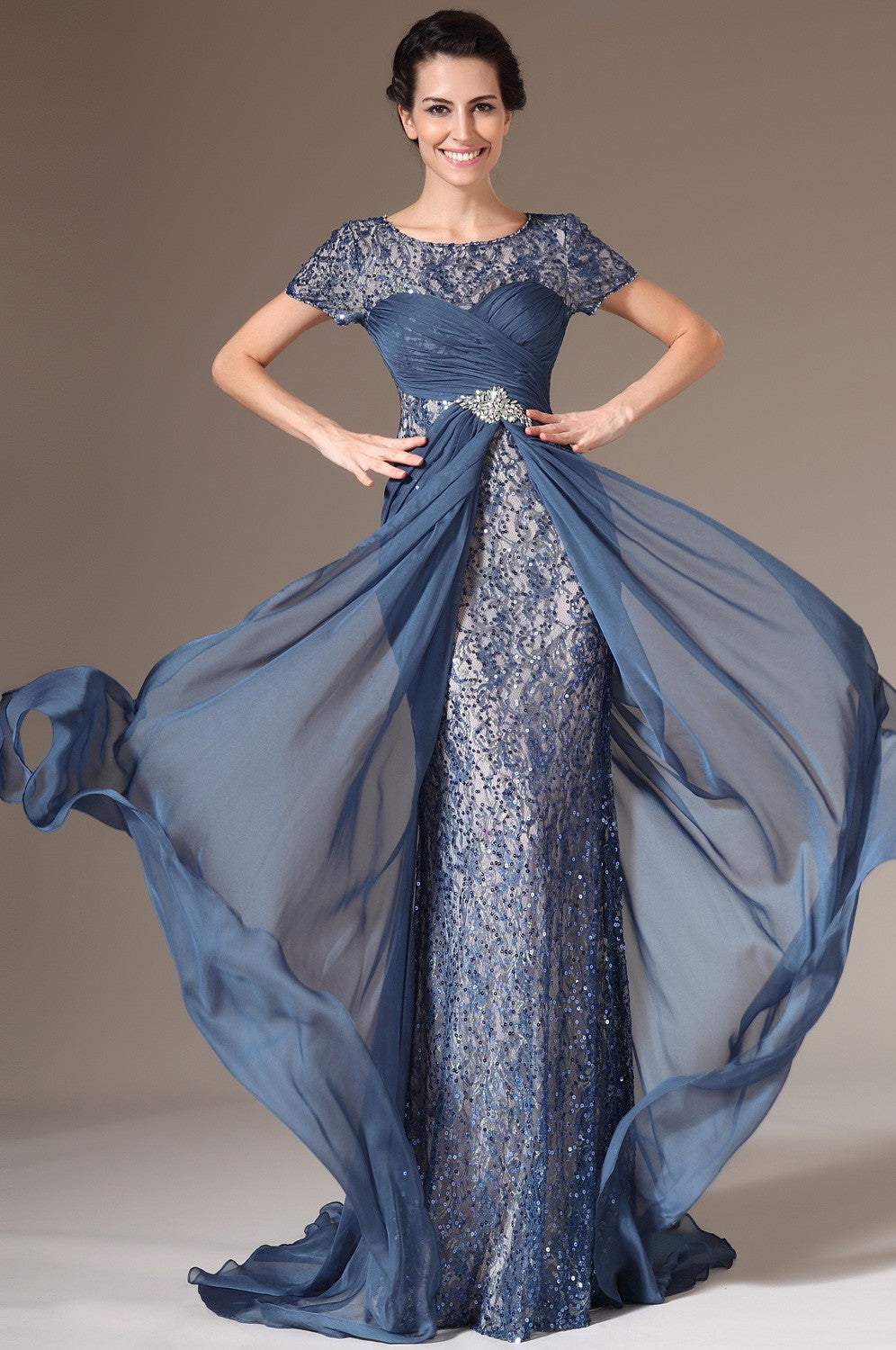 Dark Blue Chiffon And Lace Trumpet/Mermaid Short Sleeve Mother Bridesmaid Formal Dress(BDJT1399)