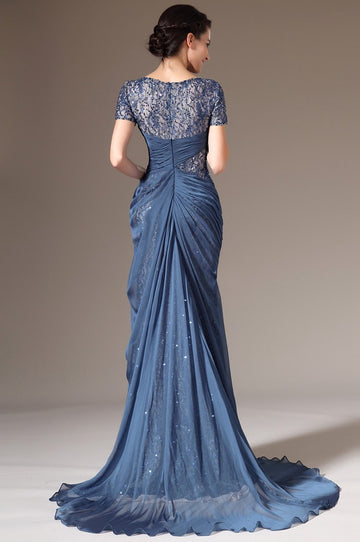 Dark Blue Chiffon And Lace Trumpet/Mermaid Short Sleeve Mother Bridesmaid Formal Dress(BDJT1399)