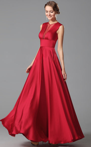 Red Satin Chiffon A-line Jewel Bridesmaid Formal Dress(BDJT1410)