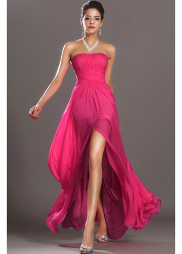 Fuchsia Velvet Chiffon A-line Strapless With Split Front Bridesmaid Formal Dress(BDJT1417)