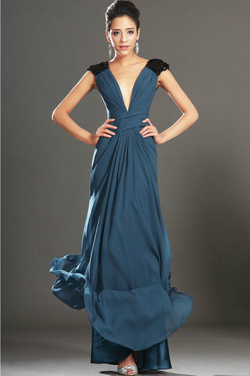 Ink Blue 100D Chiffon Sheath/Column V-neck Short Sleeve Bridesmaid Formal Dress(BDJT1426)