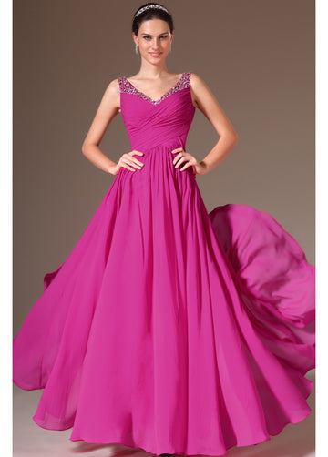 Fuchsia 100D Chiffon A-line V-neck Bridesmaid Formal Dress(BDJT1430)