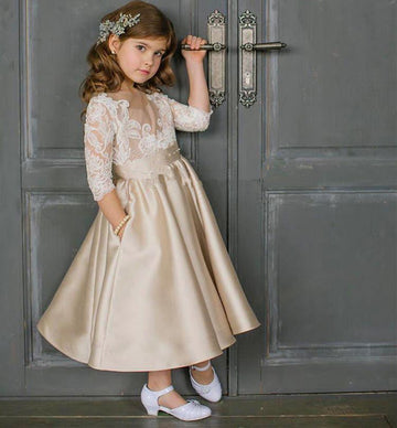 Champagne Tea Length Half Sleeve Flower Girl Dress BDFGD467