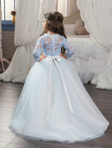 Long Sleeve Sky-Blue Flower Girl Dress BDCHK017