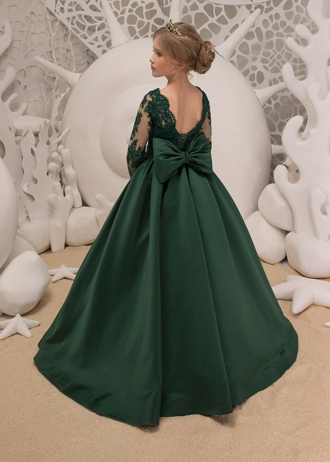 Long Sleeve Dark Green Kids Prom Dress BDCHK040